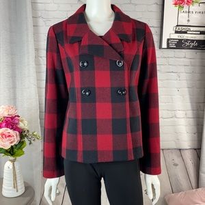 Gap 70% Recycled Wool Red/Black Plaid Coat Size: Medium